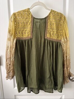 Olive Green Boho Lace Yoke Tunic with Yellow-Gold Sleeves